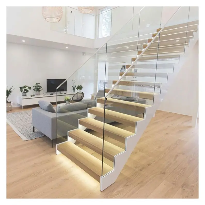 Alucasa Australian Style Indoor Glass Wood Staircase Floating Straight Stairs with Led Tread