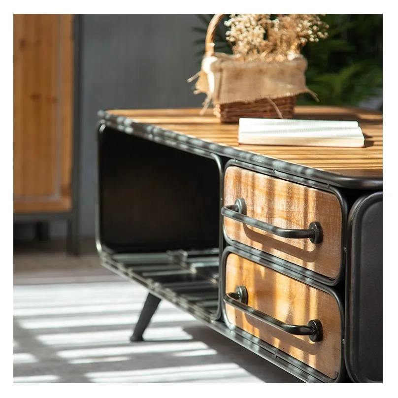 INNOVAHOME Chinese living room shabby chic industrial design antique rustic metal solid wood TV stand cabinet