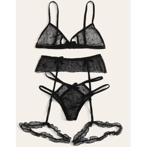 European and American sex appeal mesh bra panty garter three-point set
