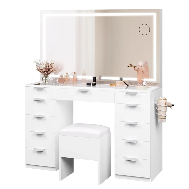 MOQ 100 set Customized Dressing Table Makeup Speaker Vanity Table with LED Mirror and Drawers