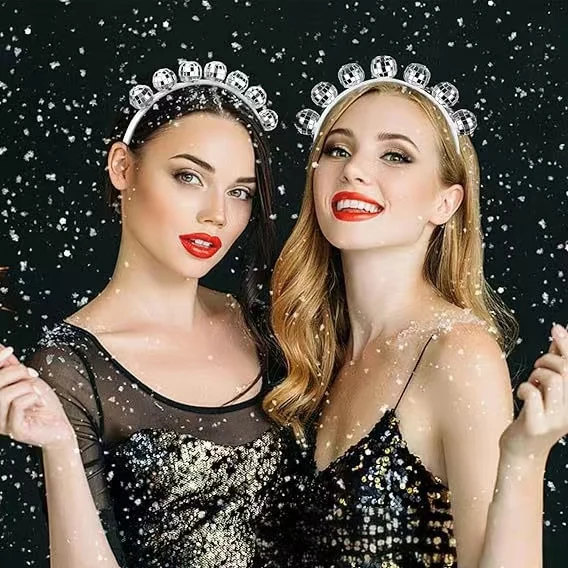 Silver disco ball earrings and vintage disco ball headband costume party accessories