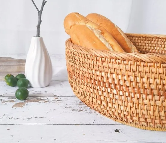 Wholesale Pretty Wicker Rattan Wooden Utensil Rotan Handmade Woven Handcraft Food Storage Serving Basket