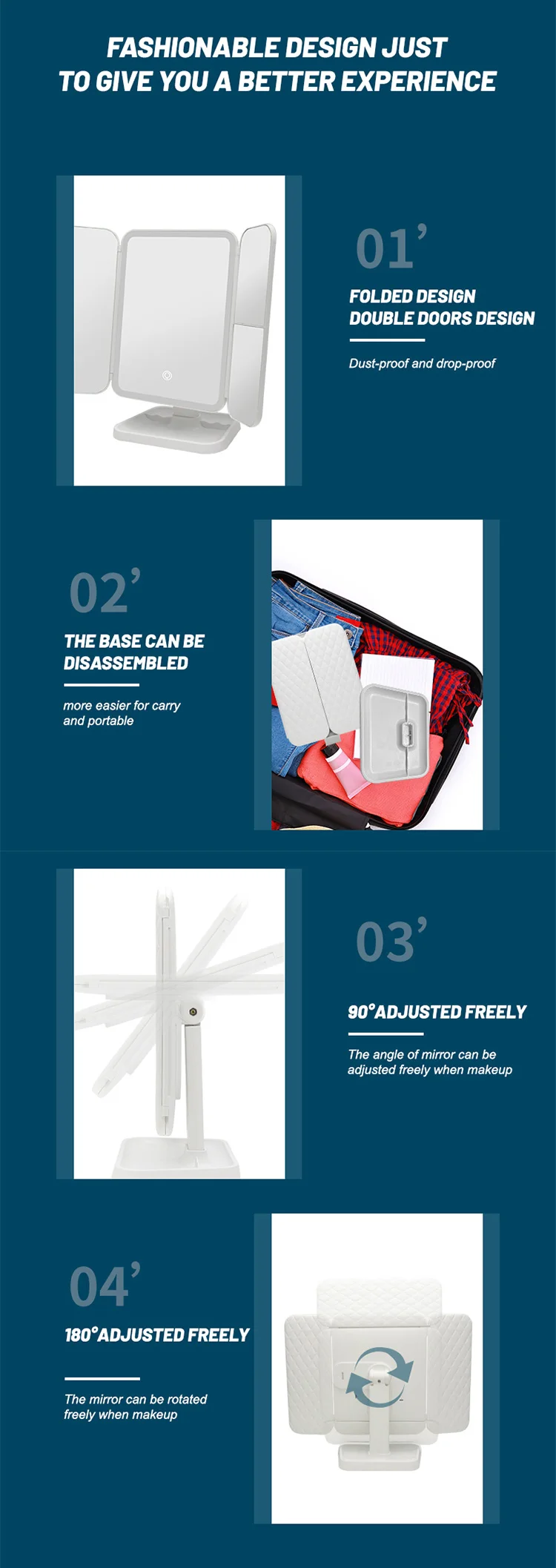 desk lamp three-sided folding touch sensor 180 degree rotating vanity magnifying wall mounted led foldable make up mirror