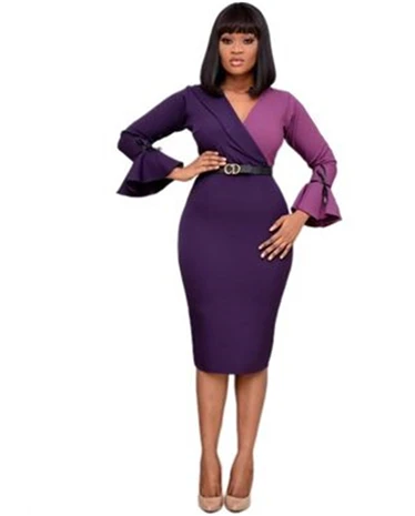 Woman Sexy Summer Two-Tone Contrast Color V-Neck Long Sleeve Puff Sleeve Slim Fit Skirt Dress Clothes With Belt