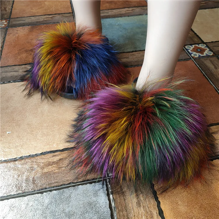 Factory wholesale Fashion Fox Fur Slides Slippers Custom Real Mink Fur Raccoon Fur Sandals woman shoes