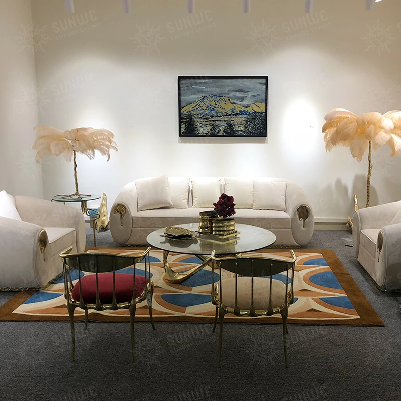 Luxury Modern Fabric customized 3 seat 4 seat White Copper base sectionals sofas lounge sofa set furniture for Living room