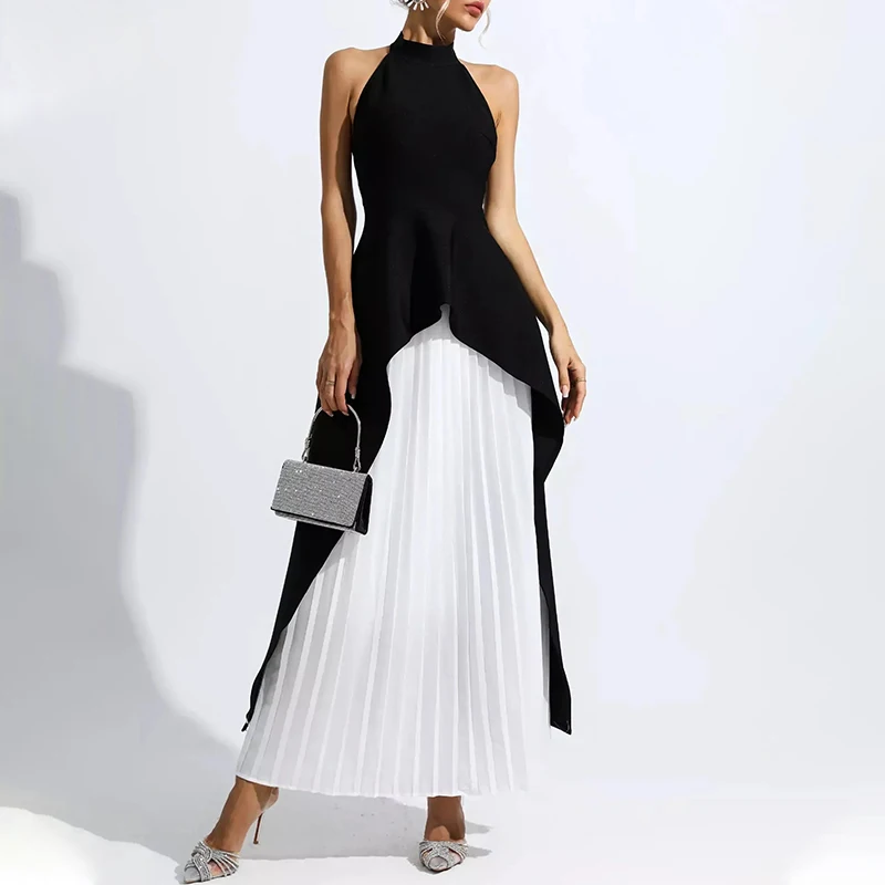 Custom trendy sleeveless halter black and white maxi party dress backless pleated dresses for women