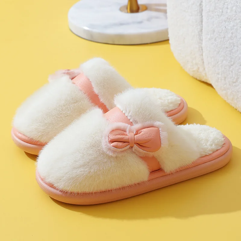 Bow Knot Beauty Comfort Fashion Closed Toe Warm Winter Sofe Fur Home Slippers