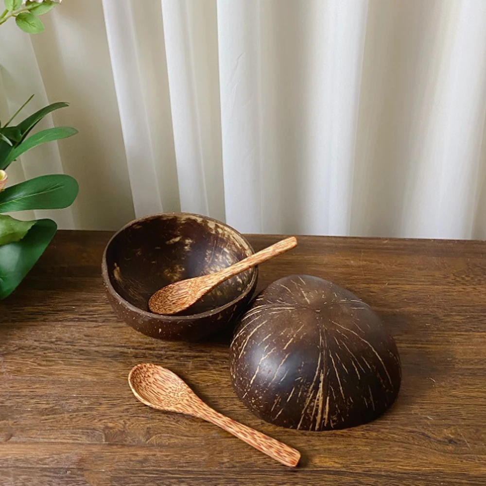 One Stop Shopping High Quality Hand Made Eco Friendly Organic Unpolished Small Wood Salad Coconut Shell Bowls With Spoons