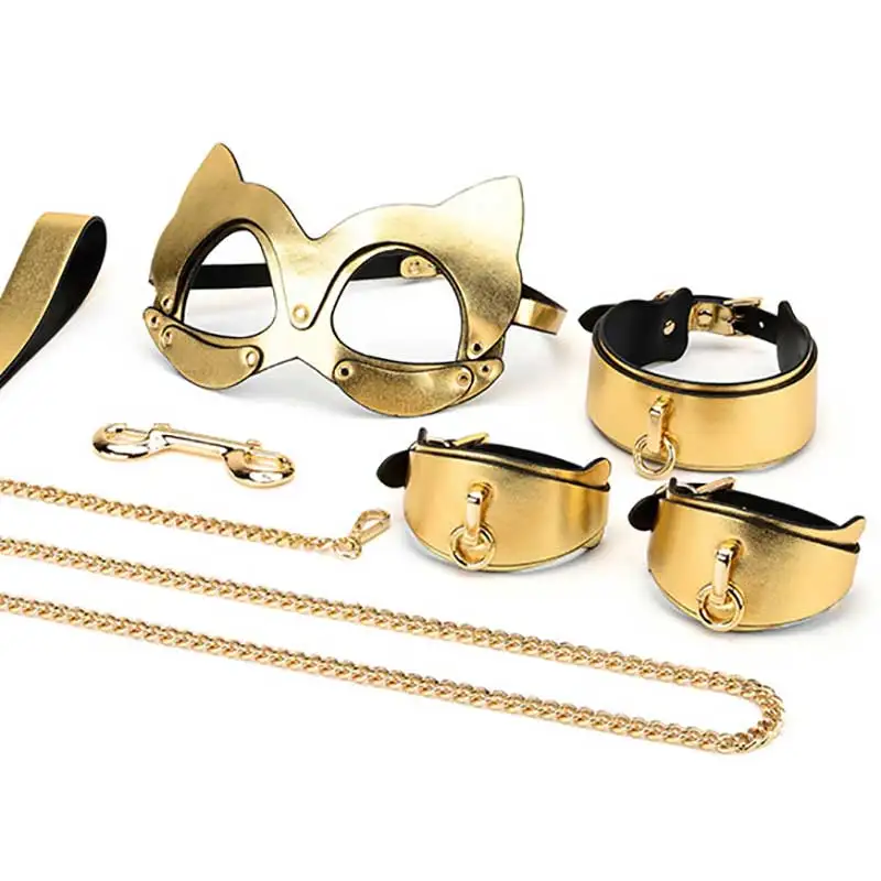 Bdsm Sex Toy Golden Leather Set For Sex Flirt Cat Blindfold Dog Hood With Leash Collar Sex Slave Bondage Gear Kits Sm Sextoy