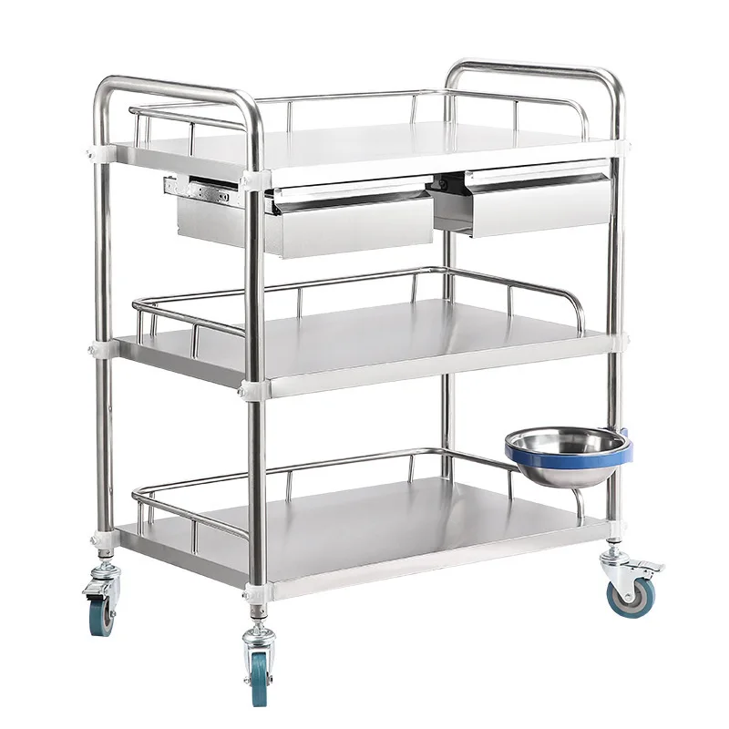 Stainless steel medical trolley Hospital instrument table nurse trolley with two drawers