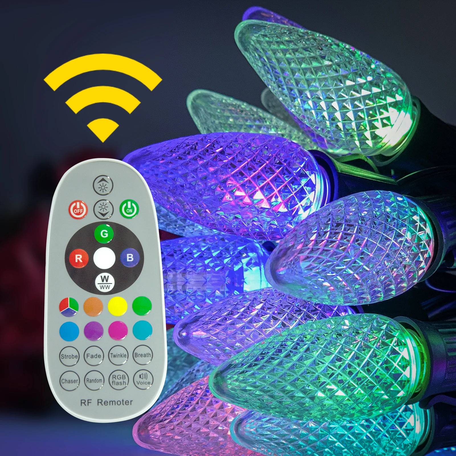 Input AC110-130V/220-240V Output 12V 25FT 25 Sockets Inline E17 Faceted C9 RGB Christmas LED String Lights for Indoor & Outdoor