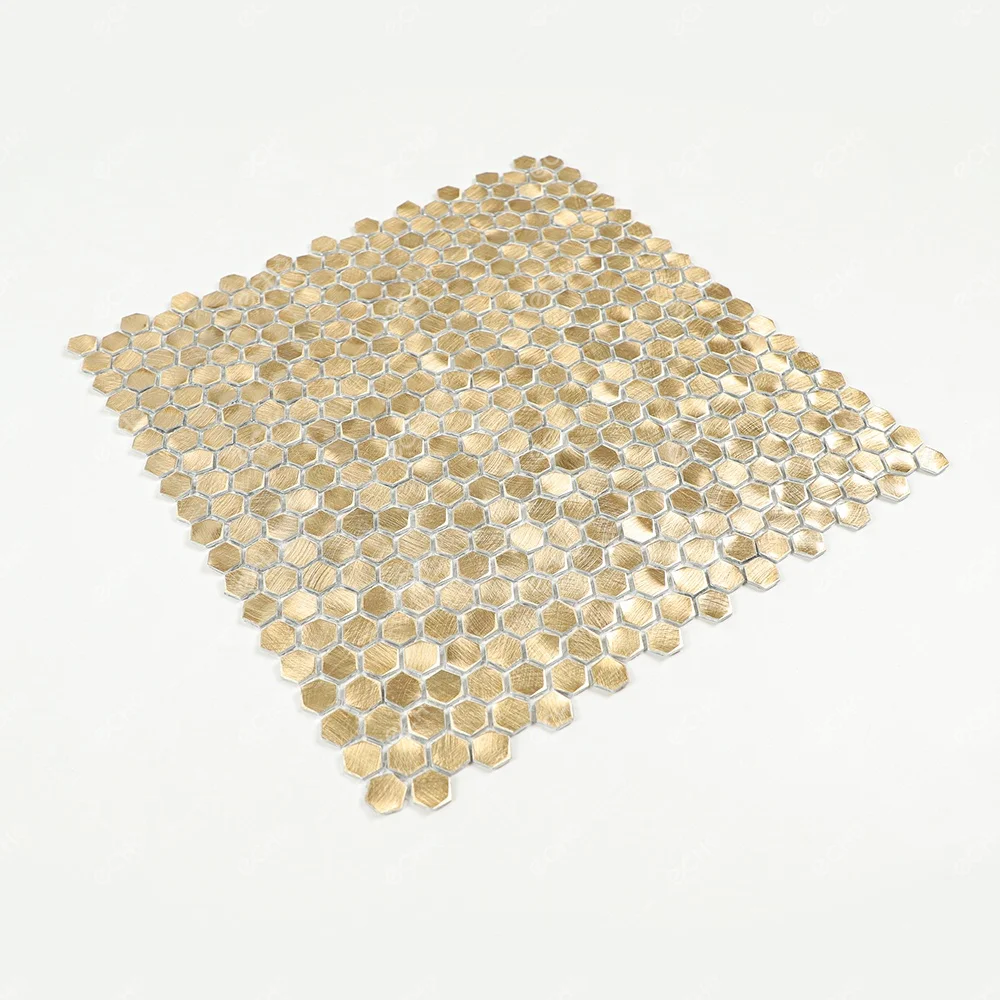 Ready to Ship Mesh Mounted Gravity Aluminium Metal Elements Mini Gold Hexagon Mosaic Wall Tiles
