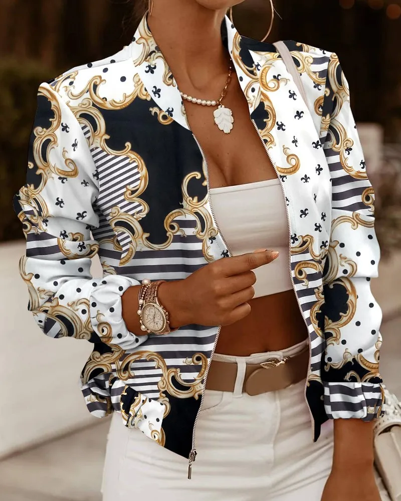 Fall Jackets 2021 Sportswear Fashion Print Winter Jacket Coat Patchwork Zipper Coatsjackets For Women
