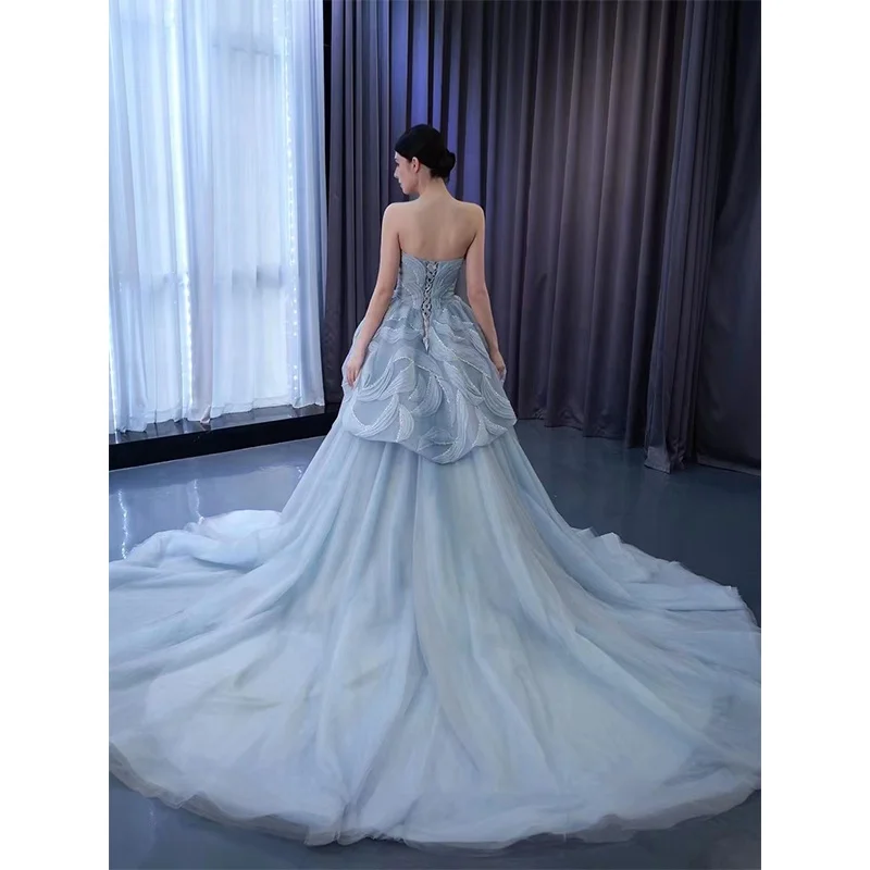 Manufacturer Women Sleeveless Grey Blue Prom Dresses Alibaba Girls Beaded Ruffles Long Fancy Wedding Evening Party Ball Gown