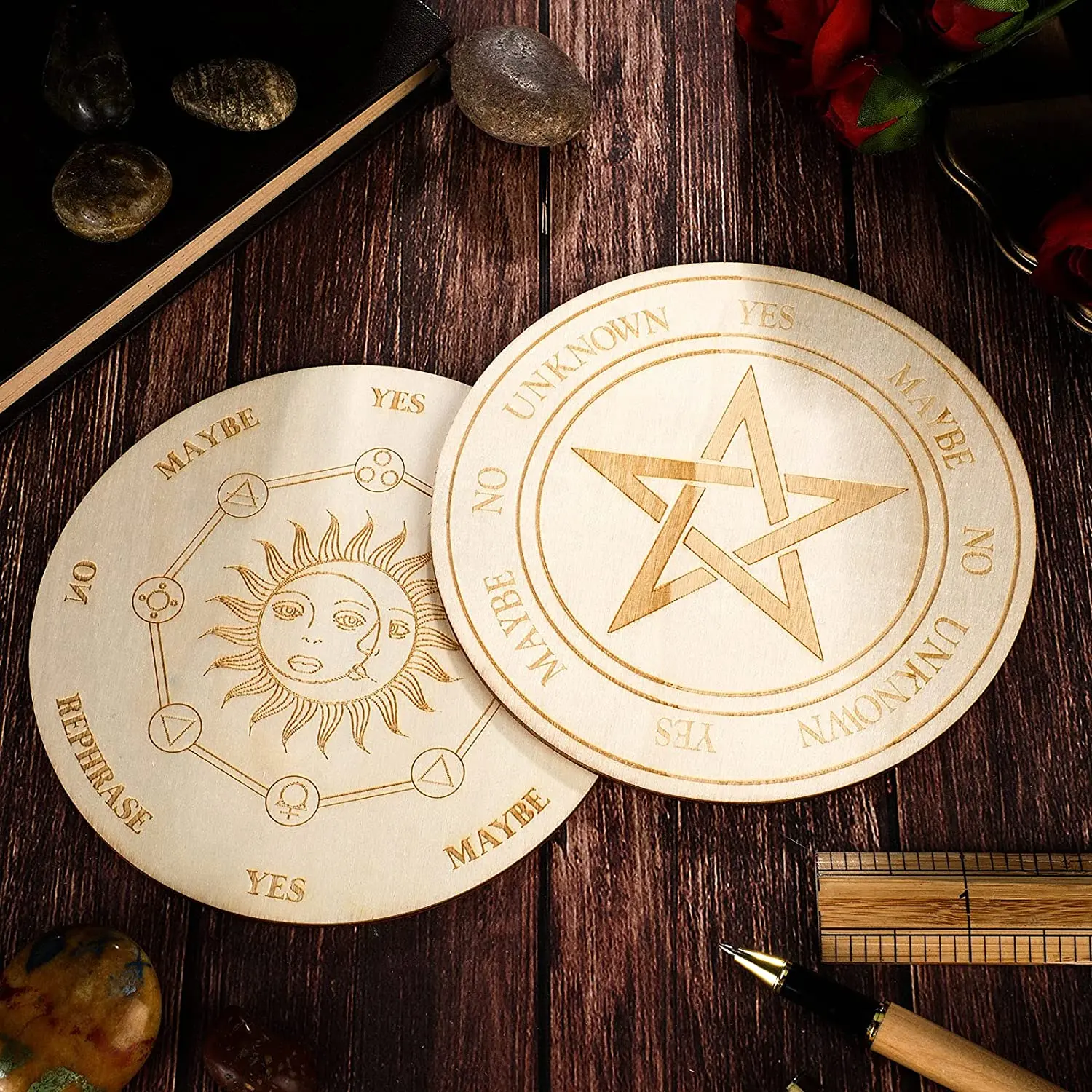 6IN 2PCS Wooden Pendulum Board with Stars Sun and Moon for Divination Message Board Wooden Board Altar Decoration