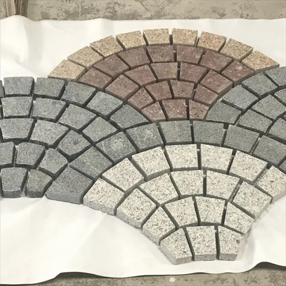 Black Basalt Paver Stone Fan Shape Cobble Stone Meshed Pavement Mats Granite Patio Driveway Paving Stone
