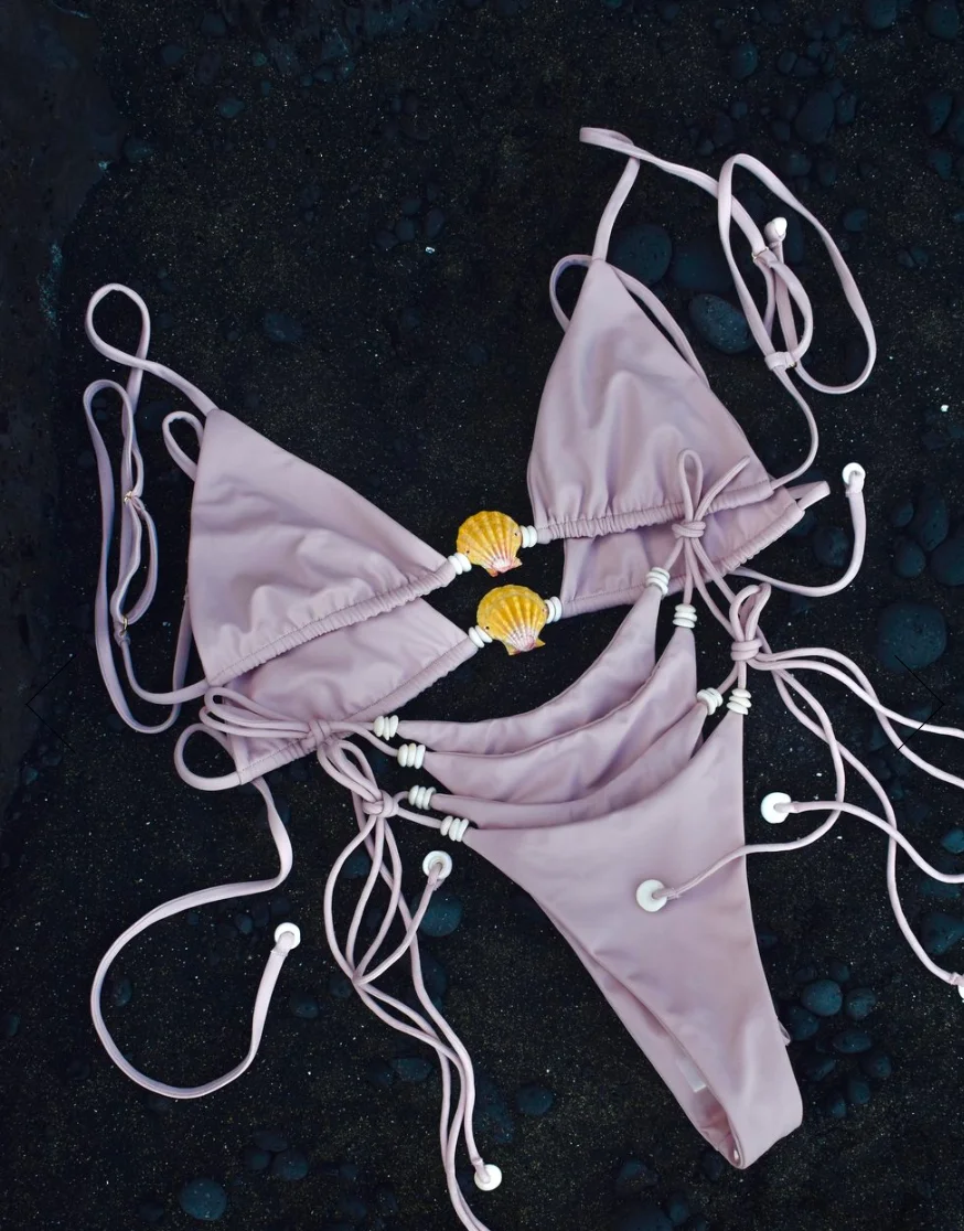 Blue WOODEN BEAD  BIKINI TOP Pami Bikini Top In Azura Blue With Beads