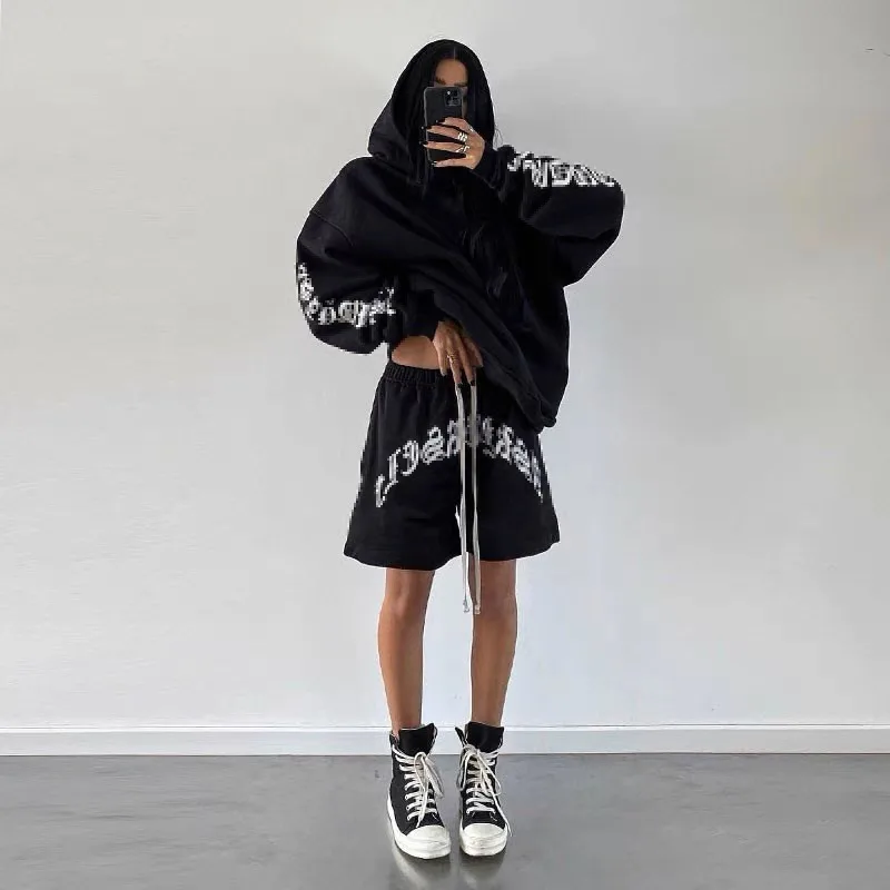 Fashion Casual Home Pure Color Loose Hoodie Shorts Sports Two Piece Suit Women Women Short Set