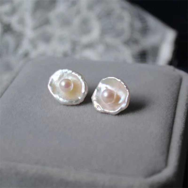 Cute design 925 sterling silver earring stud jewelry with freshwater 11-14 mm natural keshi pearls