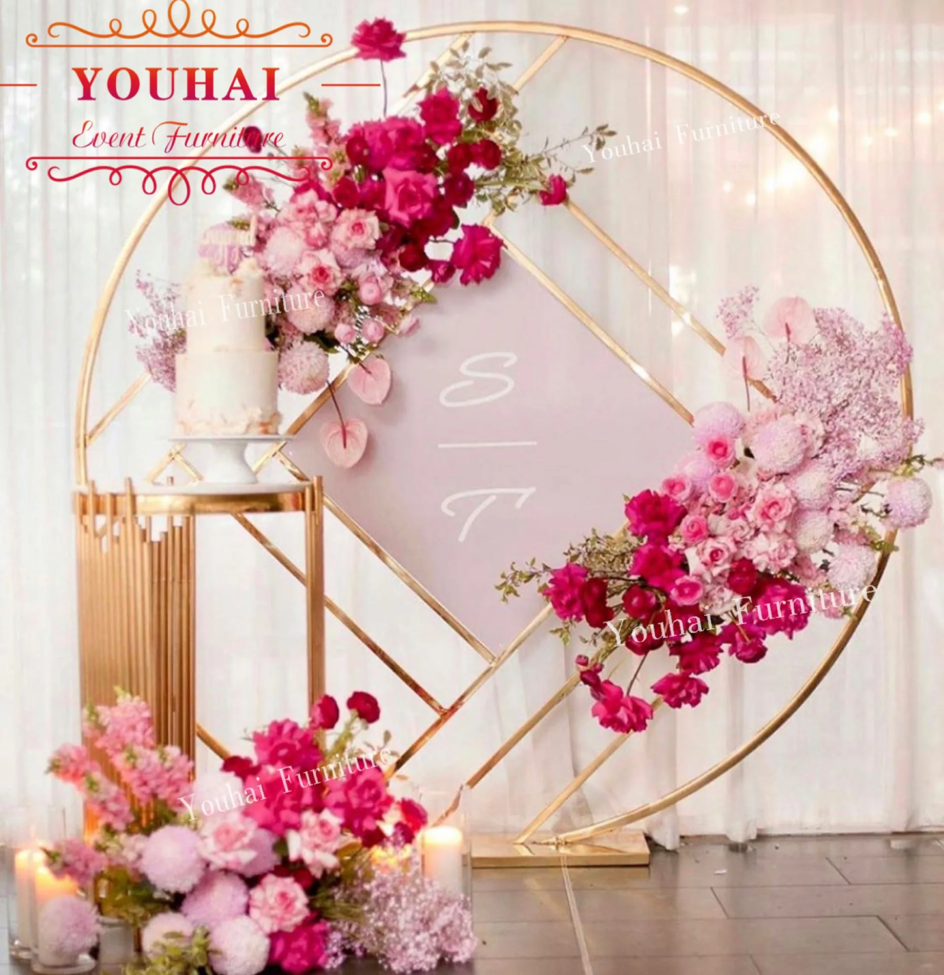Customized gold plating metal arch backdrop decoration wedding flower arch for sale