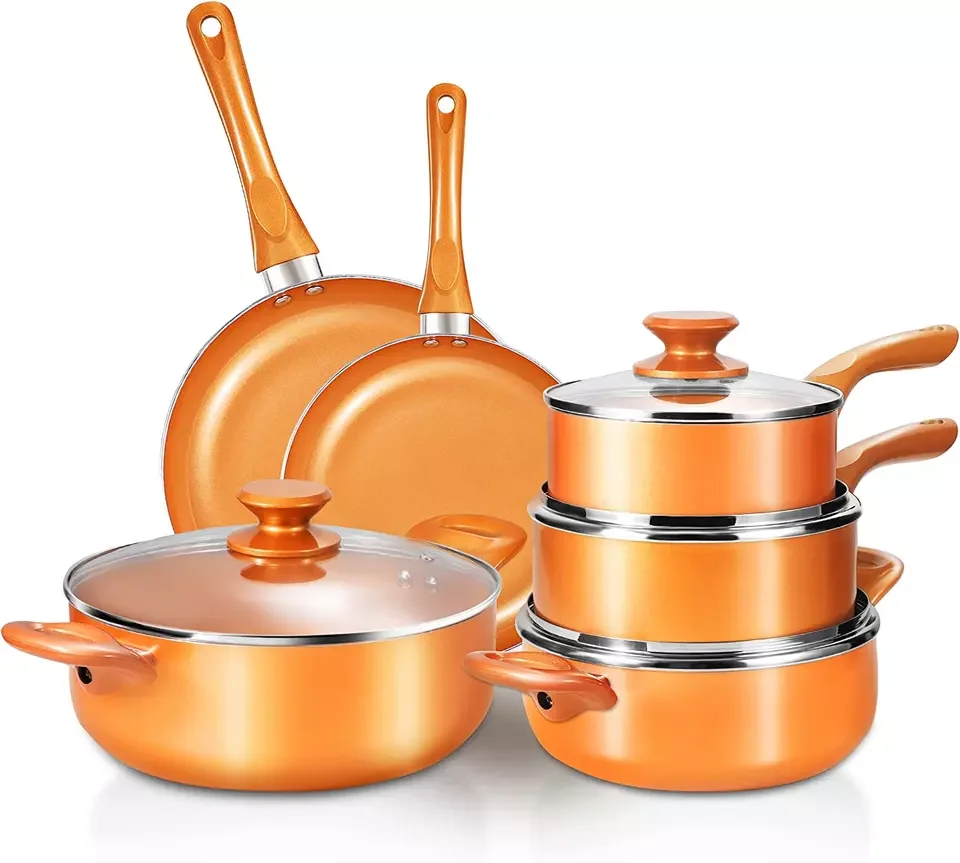 Hot selling copper ceramic coating 10 pcs Induction Home kitchen tools Aluminum Kitchenware set Non Stick Cookware Set