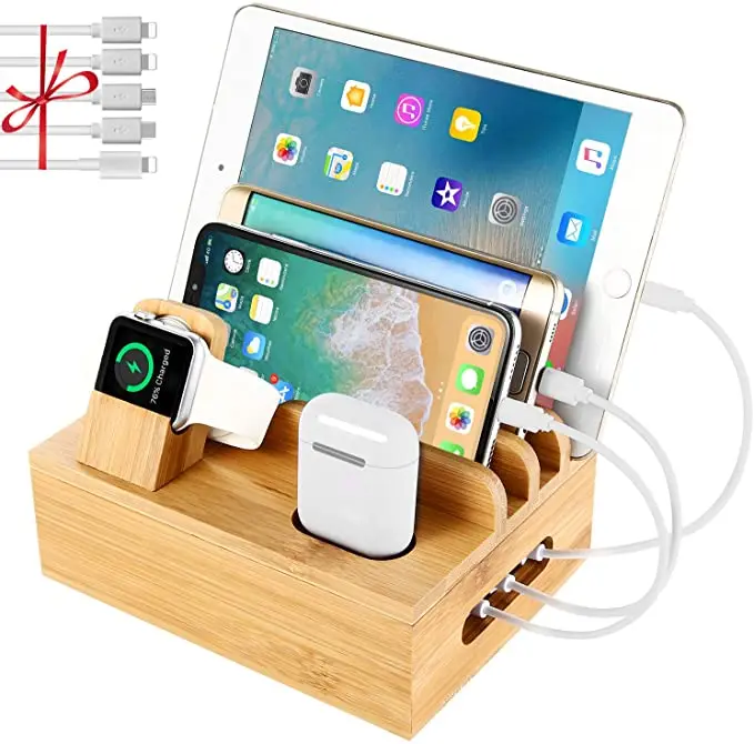Бамбуковая USB-зарядная станция, деревянная док-станция, настольный органайзер, док-станция для смартфонов, часов, наушников