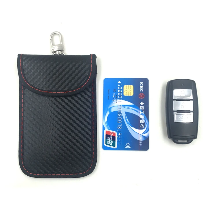 Black Carbon Fiber Faraday Car Key Bag Signal Blocker for all  common Keyless Car Fobs and Credit Car with Key Chain