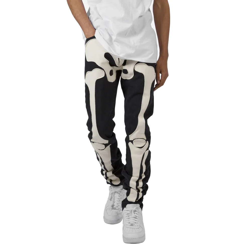 Gingtto Custom Christmas Jeans Skeleton Straight Denim Black White Slim Fit Stacked Jeans Men