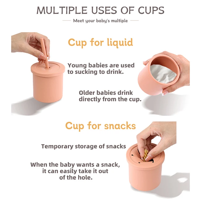 NON- spill 2 Lids in 1 Babe Drink Training Snack Catcher Kid BPA-free baby silicone food sippy cup with straw