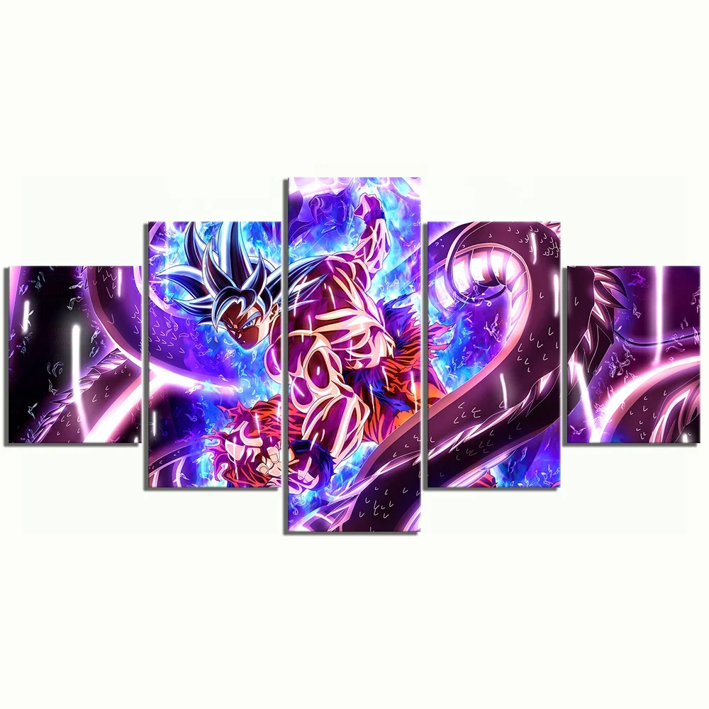 5 Piece Dragon Ball Ultra Instinct Goku Figure Anime Poster Wall Art for Home Decor Canvas Paintings Cartoon Purple Printing