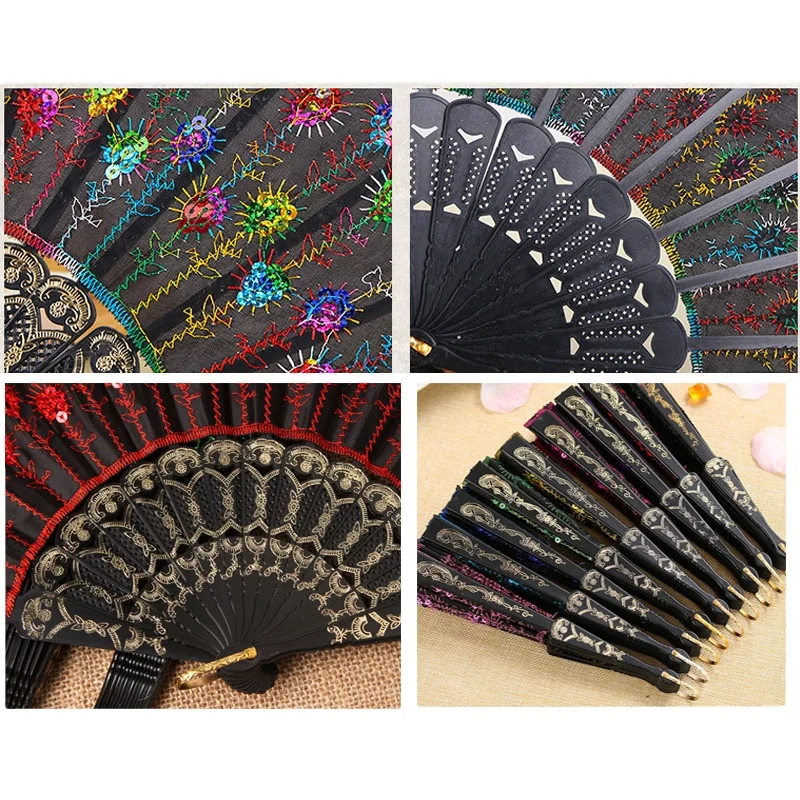 Spanish style foldable plastic embroidered sequin Hand Fans for wedding gifts dancing party Supplies
