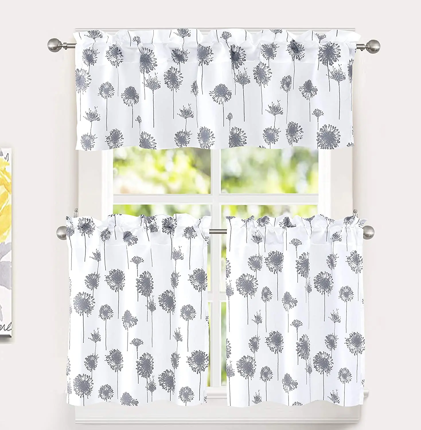 Dandelion Floral Botanical Pattern Semi Sheer 3 Pieces Rod Pocket Kitchen Window Curtain Sets With 2 Tiers