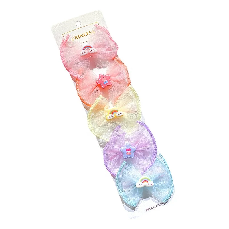 5pcs/Set Cute Flower Shape Hair Pin Mesh Fabric Rainbow Polka Dots Double Bow Hair Pin Set For Girls