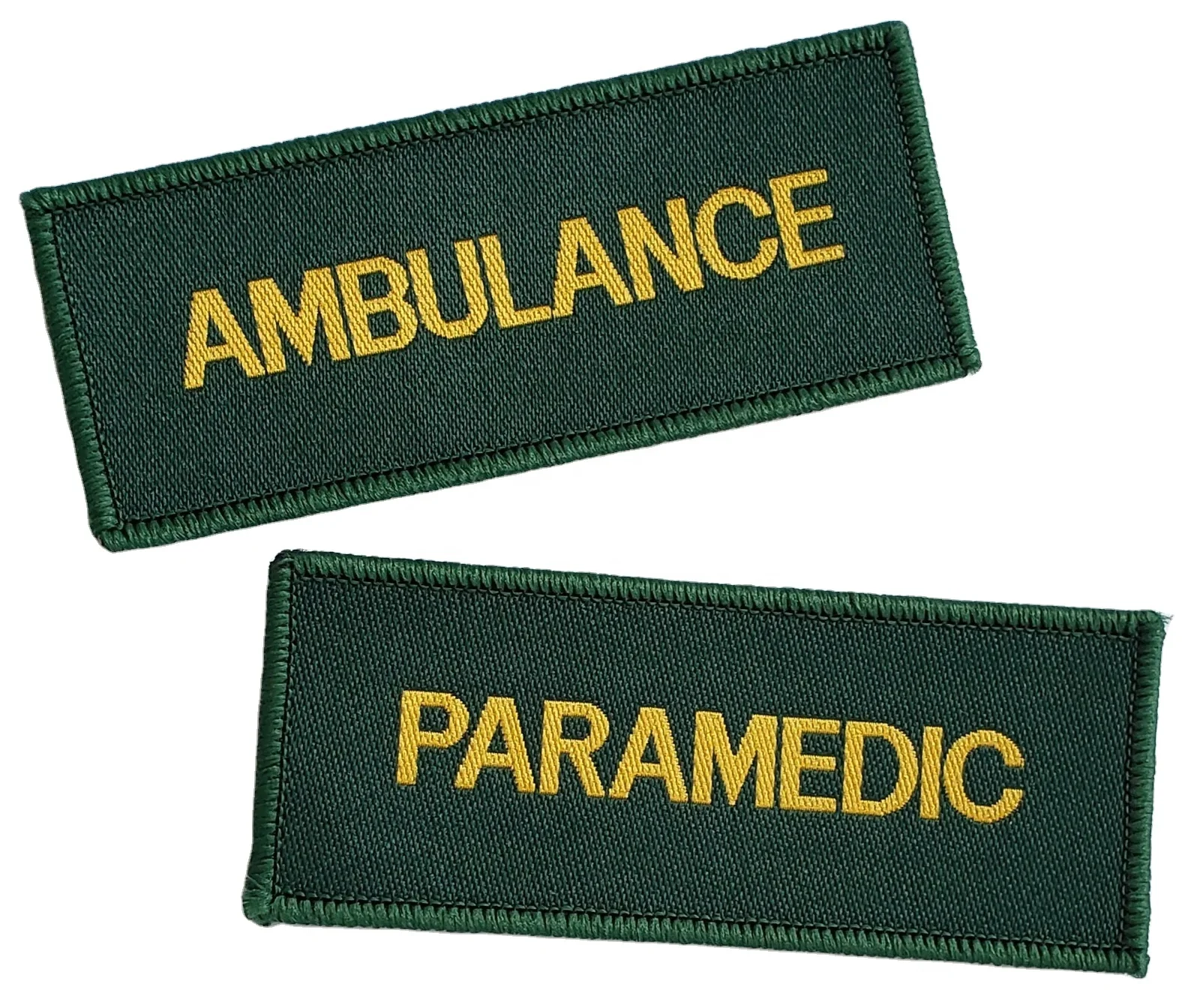 New arrival Ambulance damask woven label patch Dark green border woven badge for toy and clothing