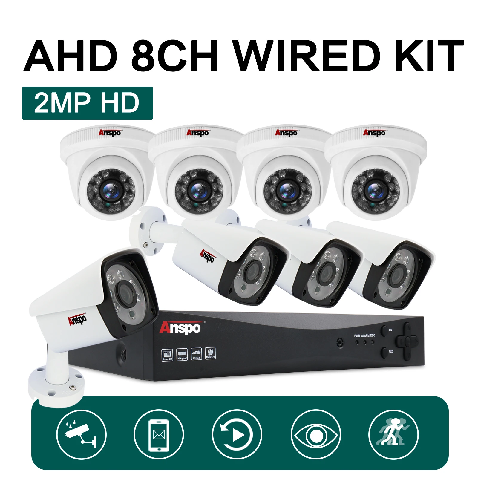 2MP 8 Channel AHD Security Camera System kit 8Pcs 2MP HD Wired Outdoor Cameras with Night Vision 5 in 1 DVR