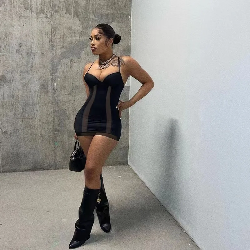 2023 New Women Sexy Club Party Short Dress Spaghetti Strap Mesh Patchwork  Backless Stretchy Sundress  Bodycon Mini  Dress