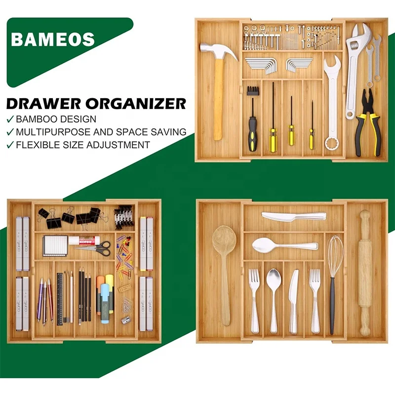 Expandable Bamboo Silverware Organizer Drawer for Utensils Holder Cutlery Drawer Tray with Dividers Flatware Kitchen organizer