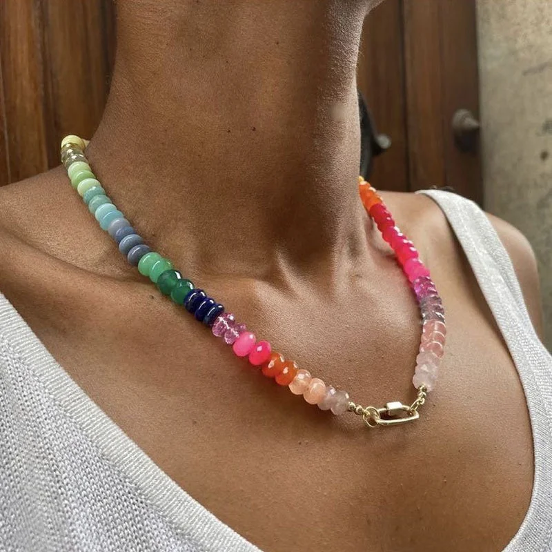 2024 New Arrival Summer Bohemian Beach Jewelry Rainbow Natural Stones Beaded Necklace Jewelry for Women