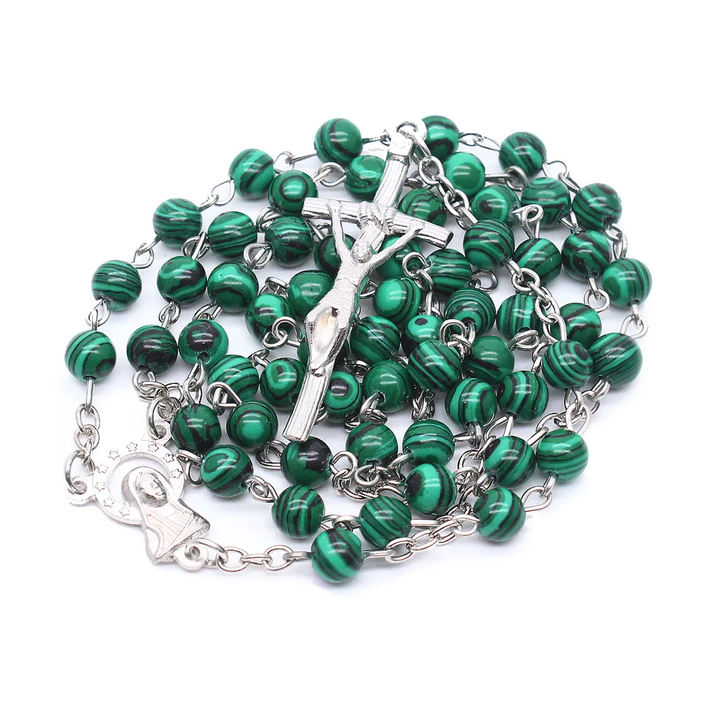 Malachite Natural Stone Catholic Rosary Necklace High end Cross Statue Christ Religious Supplies