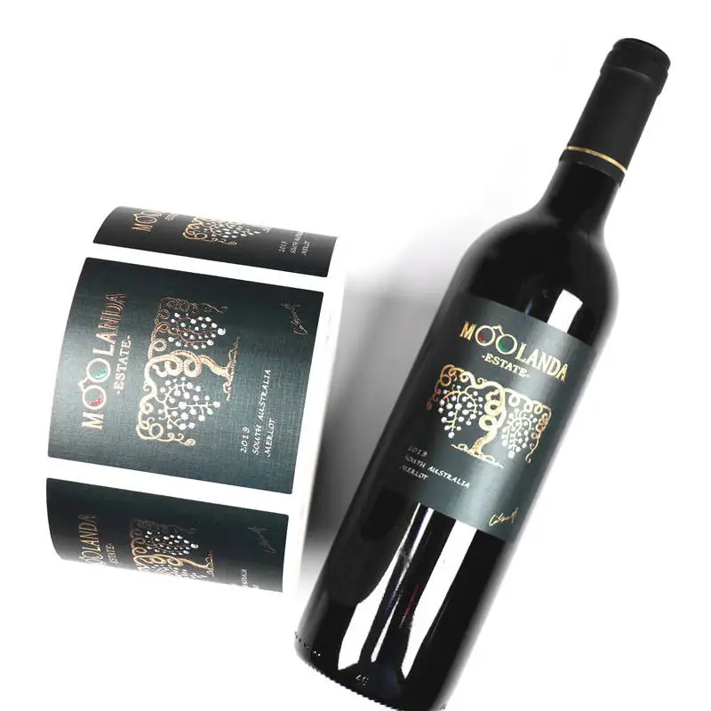 Custom Printing Uv Spot Gold Foil Embossed Logo Premium Adhesive Textured Paper Sticker Glass Red Wine Bottles Sticker Label