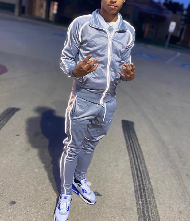 Streetwear custom reflective logo side stripe slim fit zip up nylon polyester windbreaker track jacket and pants tracksuit men