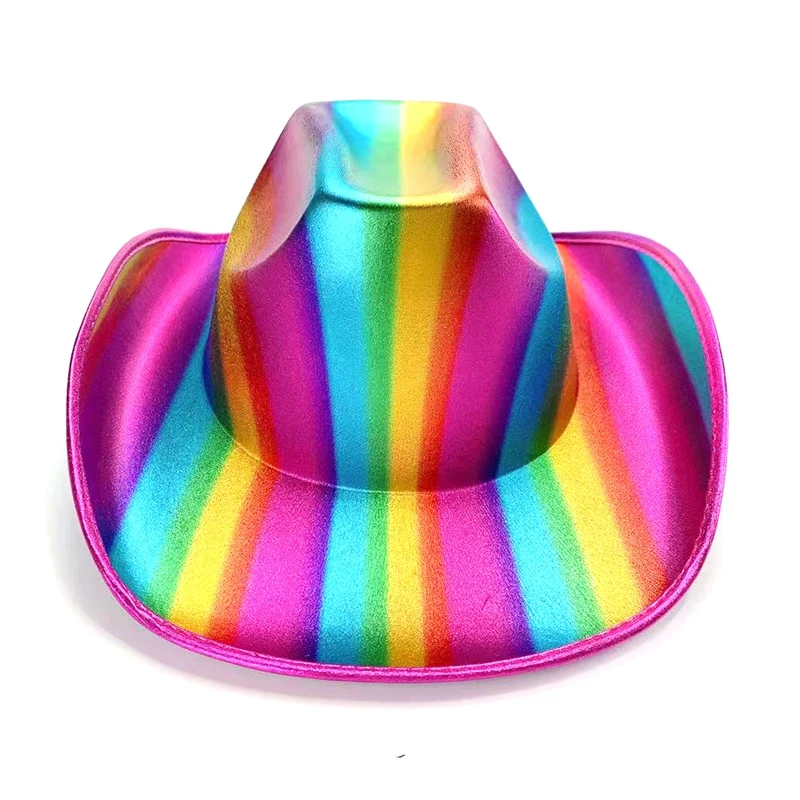 Fancy Dress Carnival Party Gay Pride Metallic Striped Light Up Cowgirl Hat Rainbow Shiny Cowboy Hat