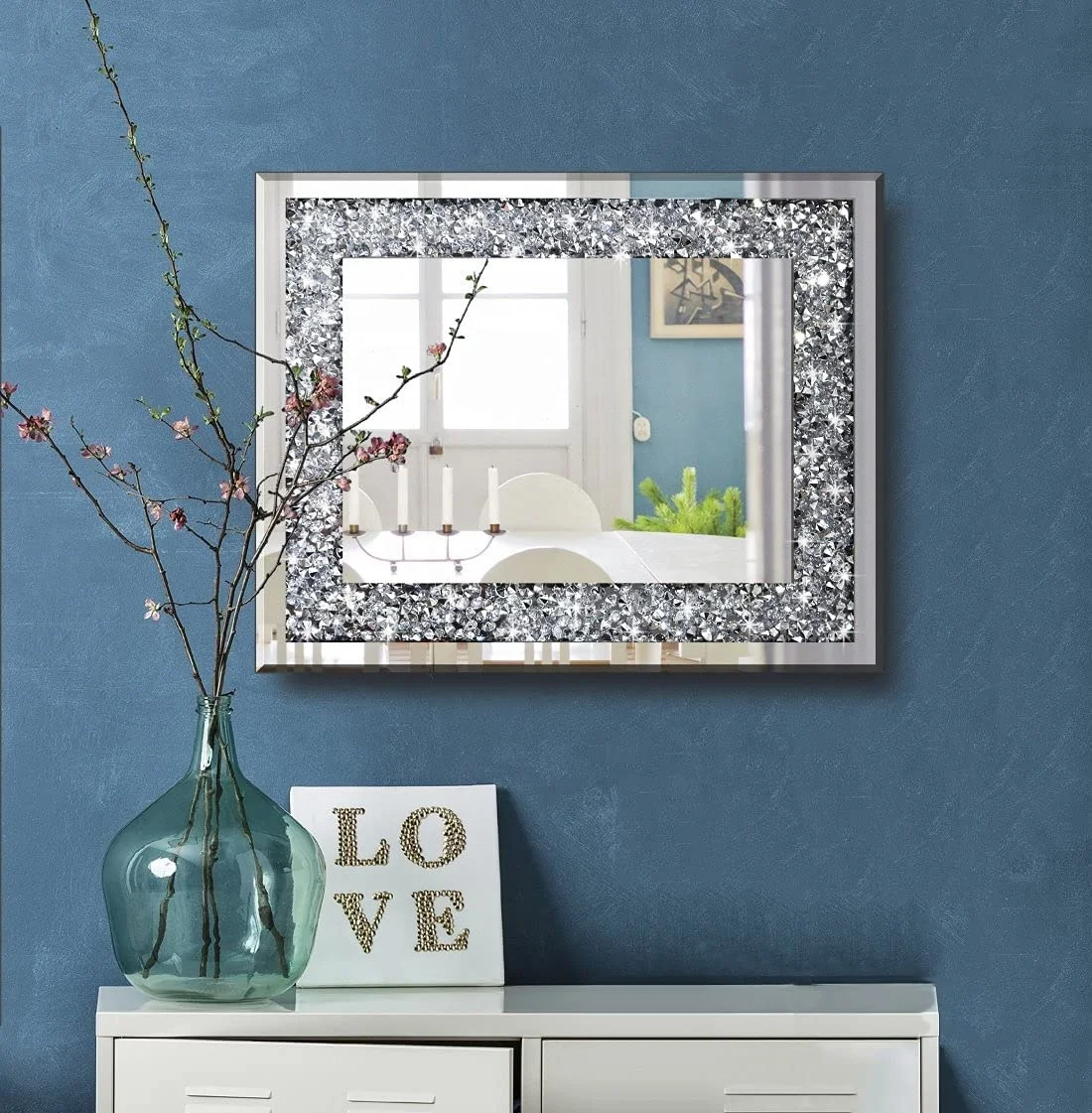 luxury oversized glass crushed diamond mirror for living room rectangle mirror with crushed diamond decor glass miroir