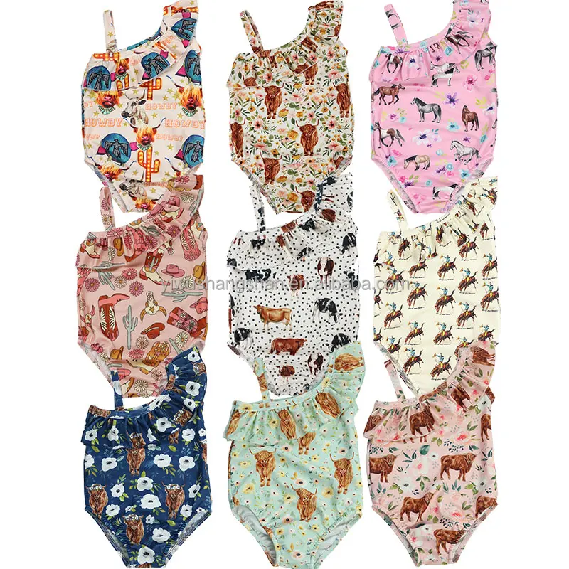 Wholesale Kids Girls Multi Print Sleeveless Swimsuits Summer Customized Pattern Children  Ruffle Swimwear