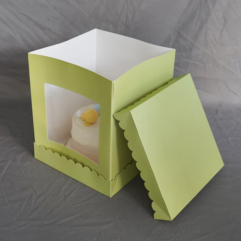 High Quality Green Tall Cake Box With Scalloped Window And Cake Boards Disposable Cake Containers With Handle