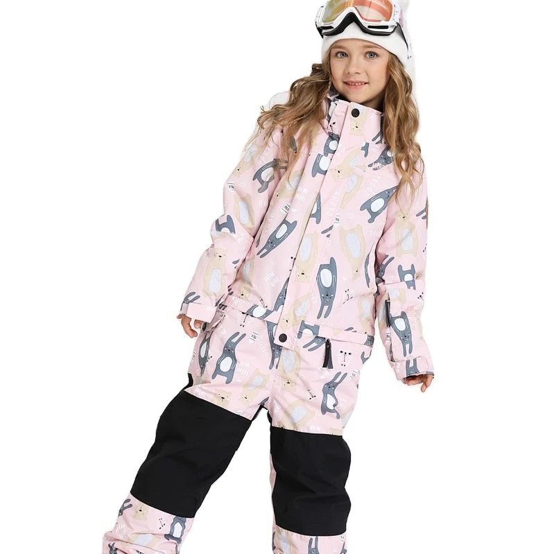Cute cartoon design digital printing pink kids crane girls ski suit  snow jacket for girl boy