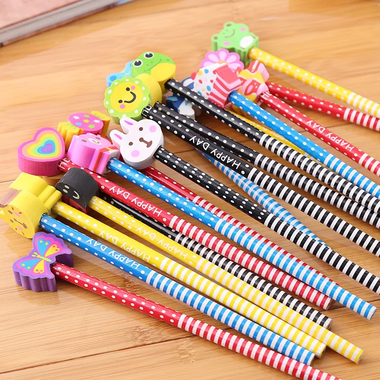 3D Cartoon Animal Topper Eraser School Pencils with Logo Custom Printed,HB Lead Black Cute Pencil School with Eraser