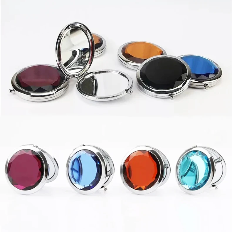 Popular OEM Logo Small Crystal Pocket Cosmetic Mirror 2X Foldable Compact Portable Travel Round Double Sides Makeup Mirror