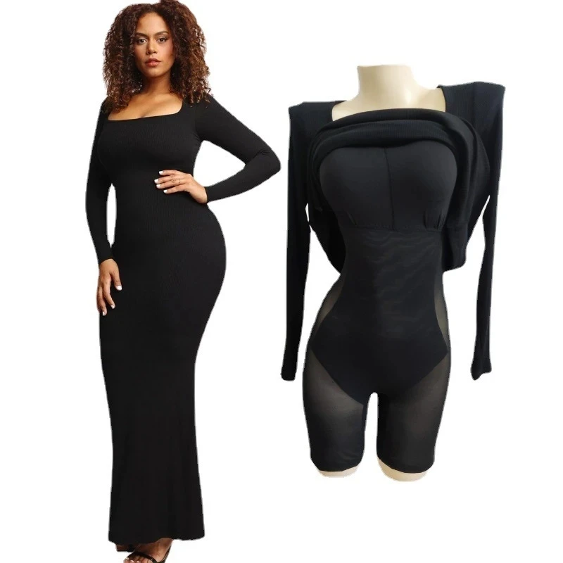 6385 Double Layer Body Shaping Bodycon for Women with Pad Built in Body Shaping Underwear 8 in 1 Long Sleeved Boho Maxi Dresses